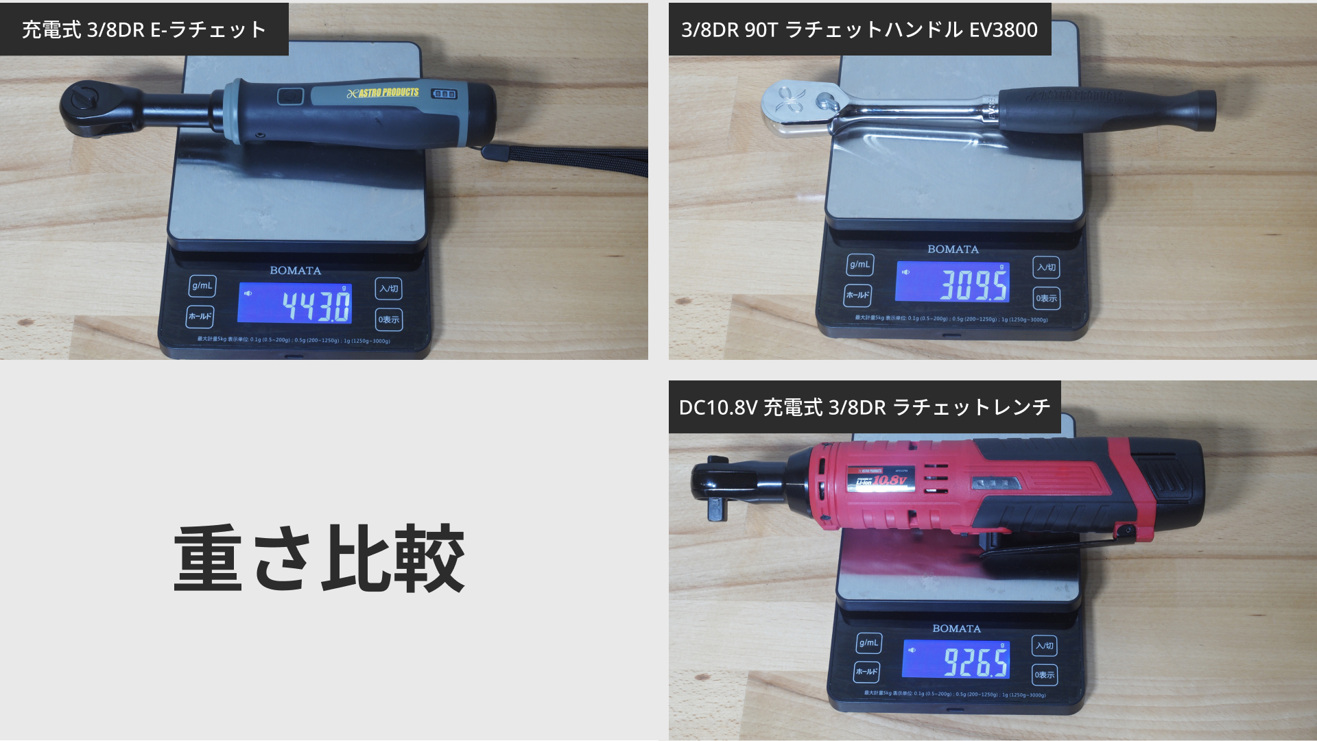 充電式 E-ラチェット、手動ハンドル、10.8Vモデルの重さ比較(デジタル計測)